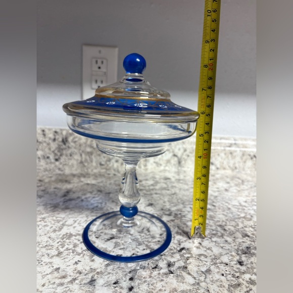 Candy Dish Compote Pedestal Bowl vtg Glass bohemian czech iridescent blue gold - Picture 4 of 6
